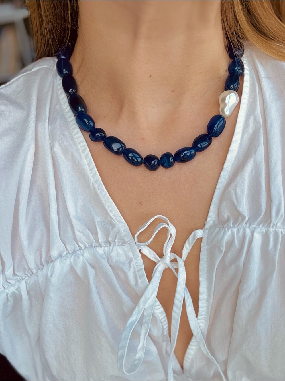 Elegant Navy Natural Stone Bead Necklace with Ceramic Pearl Accent